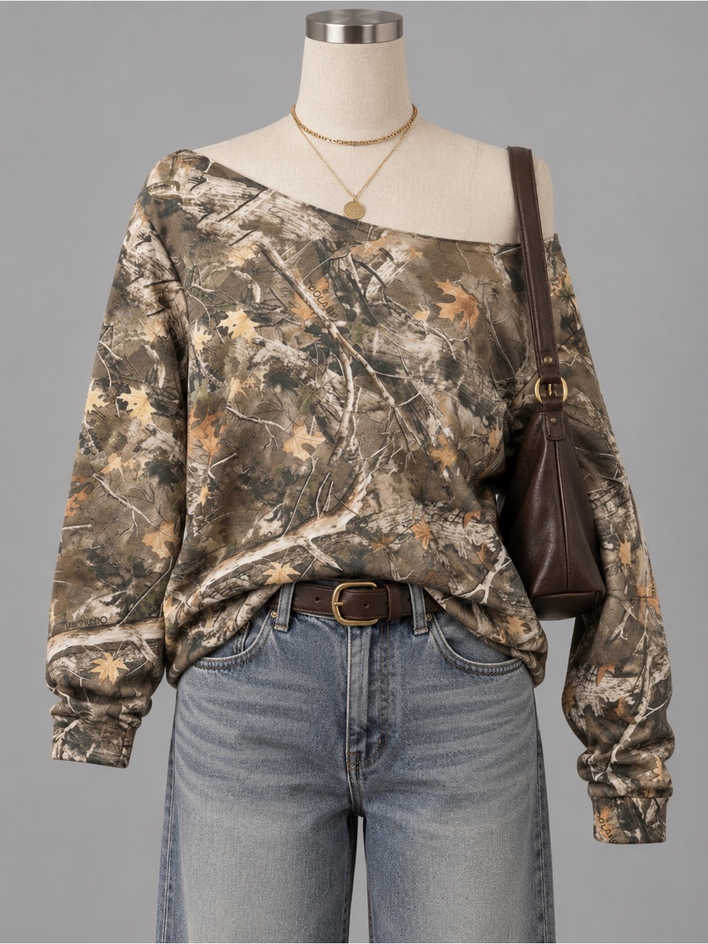 Camouflage Long Sleeve Off Shoulder Top - Brown & Green Leaf Print